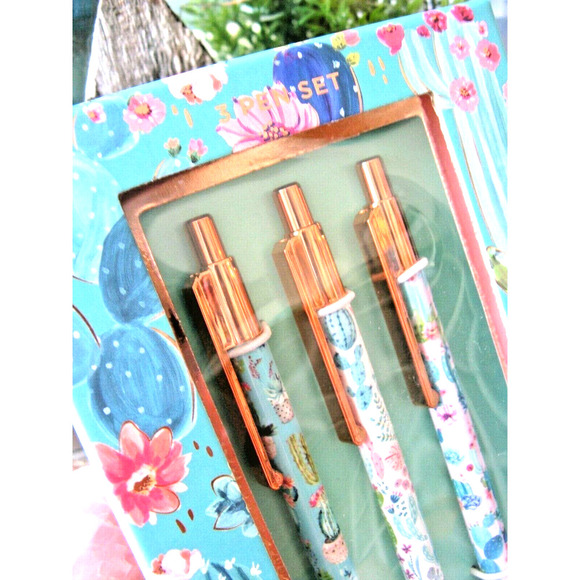 New Clementine Succulent Cactus Flower w/ Rose Gold Ink Pen Set of 3 - Black Ink - Picture 3 of 10